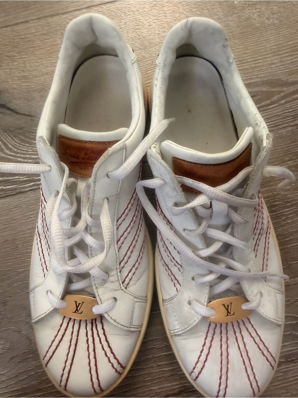 Louis Vuitton White Leather Sneakers with Tan Accents